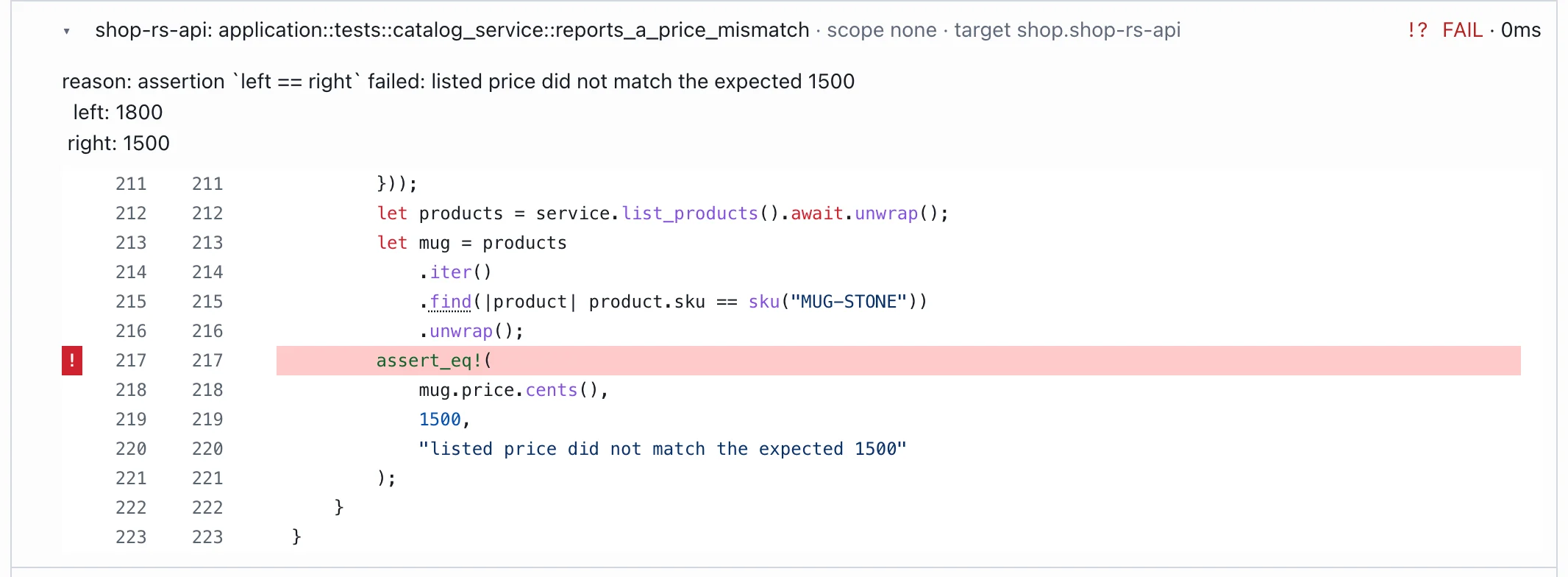 A failed Rust test in the report: the assertion message and the test code with the failing line highlighted